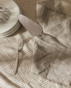 Shiny silver Mami cake server by Alessi, with a matching fork, stacked plates, and a linen napkin on a plaid tablecloth.