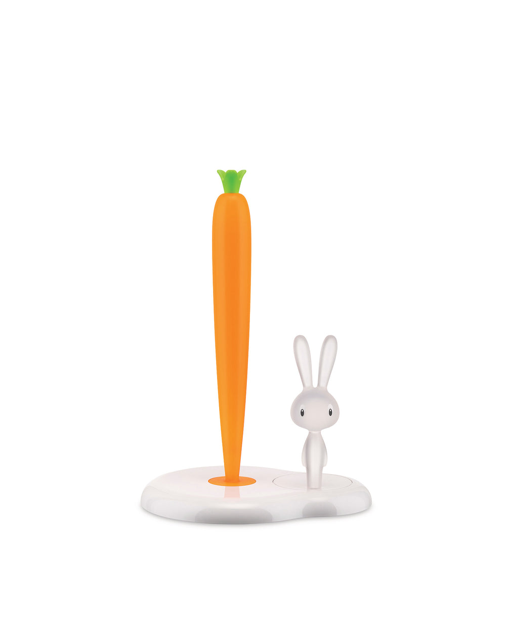 Orange and white bunny and carrot kitchen roll holder by Alessi, featuring a translucent bunny and a vibrant carrot.