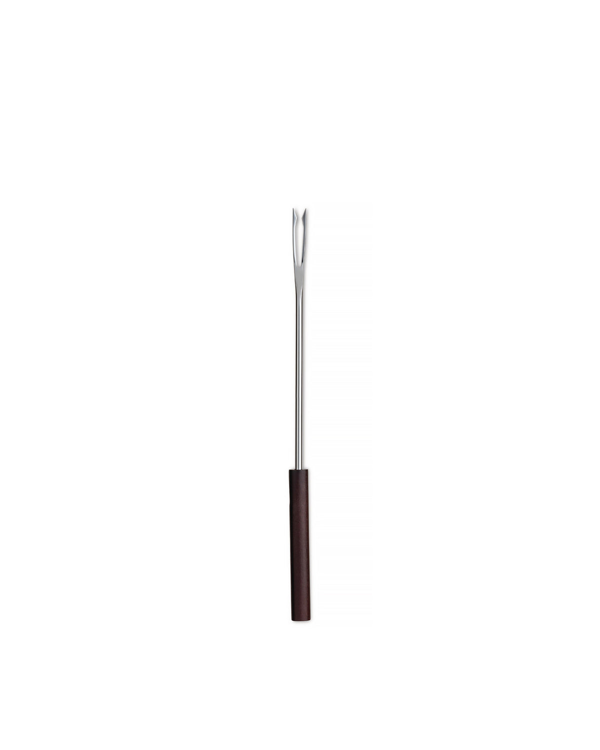 Silver metal fondue fork by Alessi with a dark brown handle and two prongs.