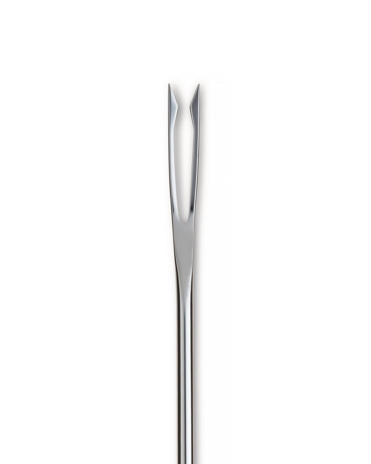 Silver metal serving fork by Alessi with two pointed tines and a polished finish, seen upright.
