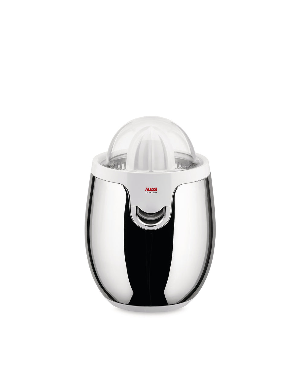Chrome and white electric juicer by Alessi with a clear plastic dome on a white background.