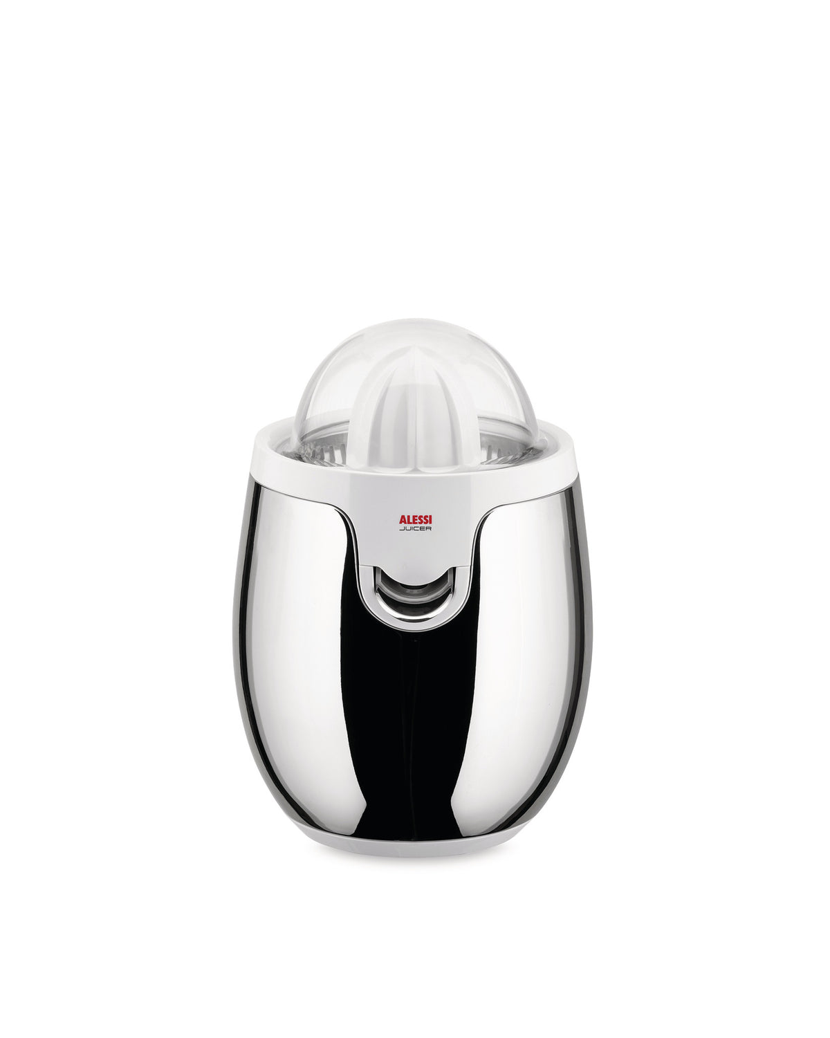 Chrome and white electric juicer by Alessi with a clear plastic dome on a white background.