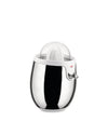 A glossy stainless steel and white electric juicer by Alessi, with a clear dome and visible reamer.