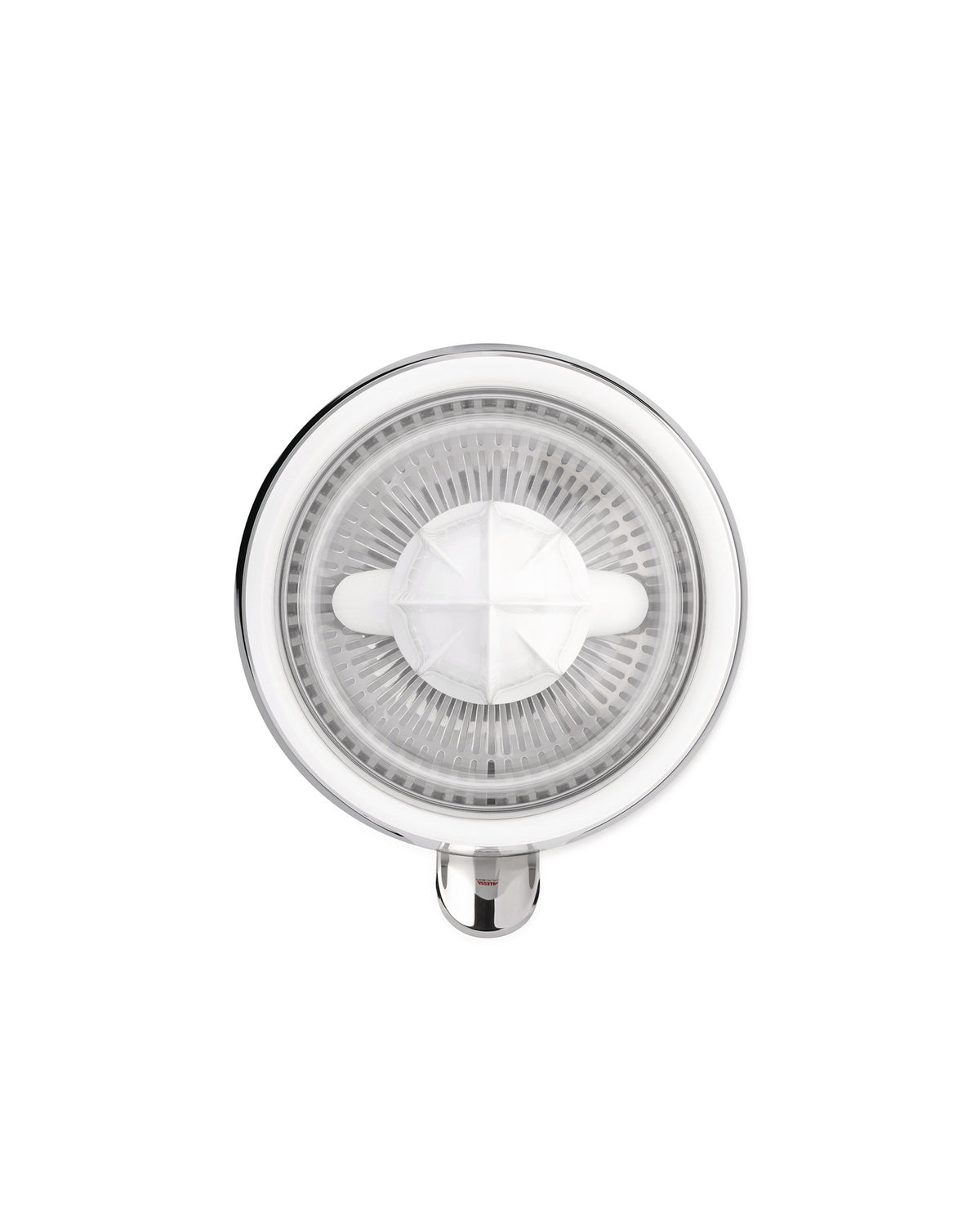 White and silver electric citrus juicer by Alessi, top-down view with a faceted reamer and slatted filter.