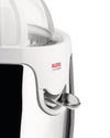 White and chrome juicer by Alessi with a clear lid and a dispensing spout, close-up.