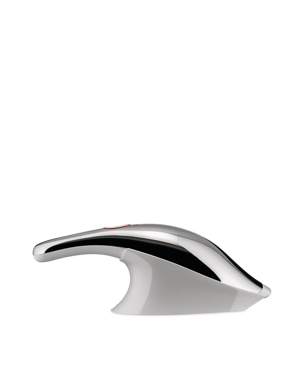 Sleek metallic and white device by Alessi, featuring a curved, ergonomic design and a red accent button.