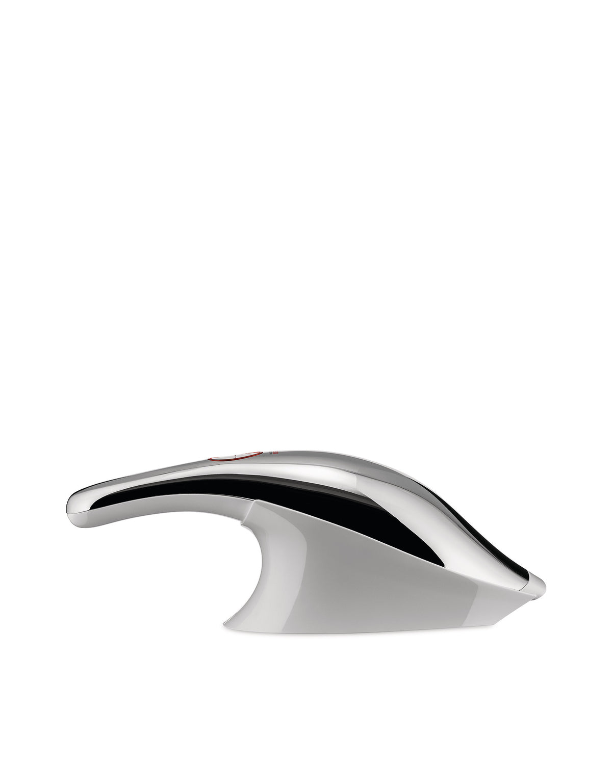 Sleek metallic and white device by Alessi, featuring a curved, ergonomic design and a red accent button.