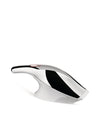 Sleek, chrome and black handheld appliance by Alessi with a red control button, abstract black design, and glossy white base.