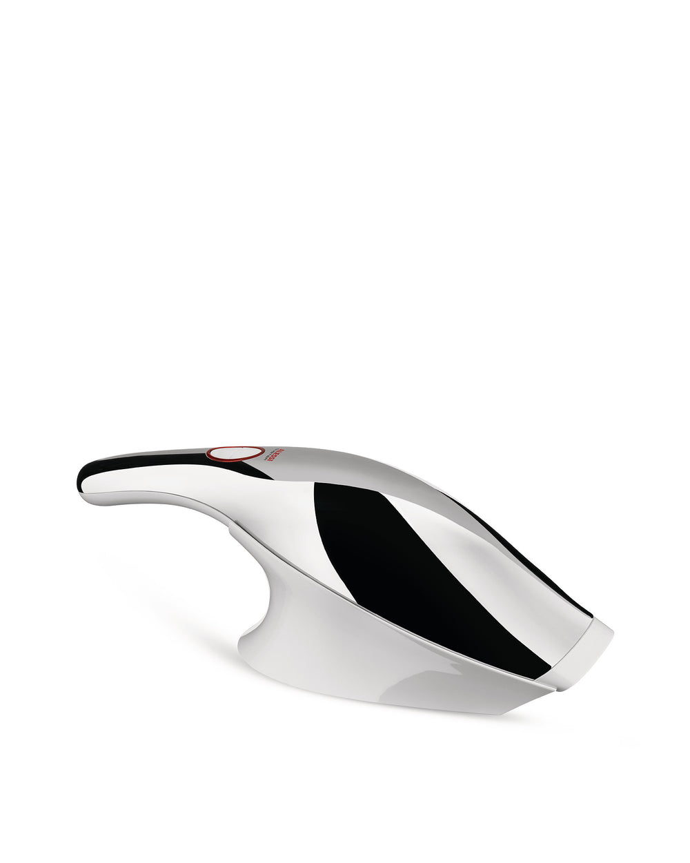 Sleek, chrome and black handheld appliance by Alessi with a red control button, abstract black design, and glossy white base.