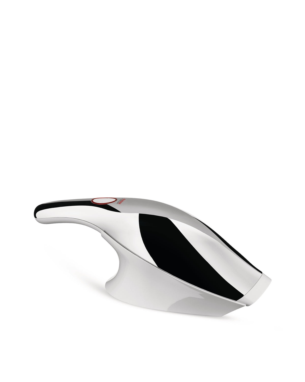 Sleek, chrome and black handheld appliance by Alessi with a red control button, abstract black design, and glossy white base.