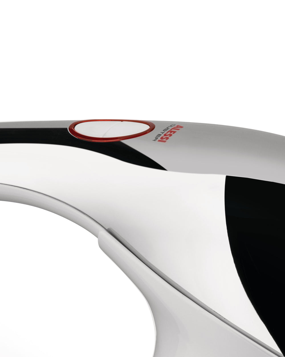 White and chrome handheld duster by Alessi, featuring a red power button and visible branding.