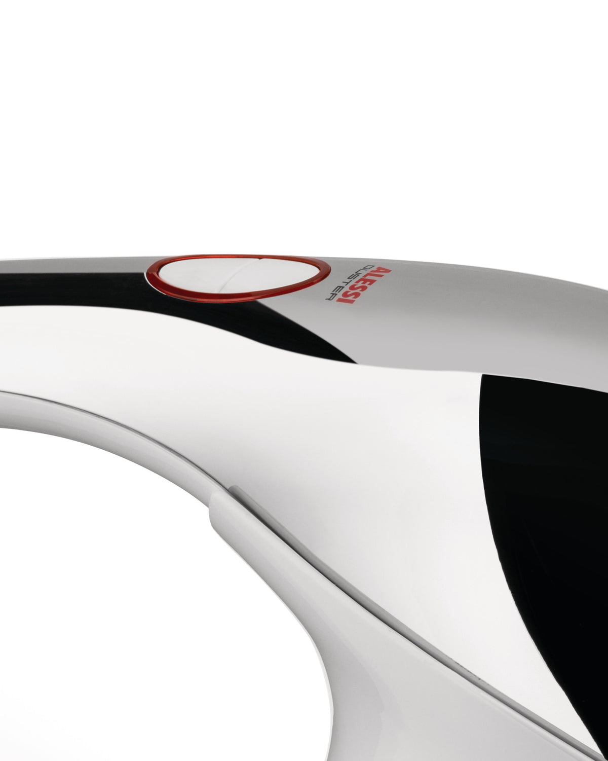 White and chrome handheld duster by Alessi, featuring a red power button and visible branding.