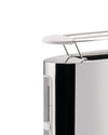 Chrome toaster with a white warming rack by Alessi, cropped close-up revealing a clear panel with measurement markings on the side.