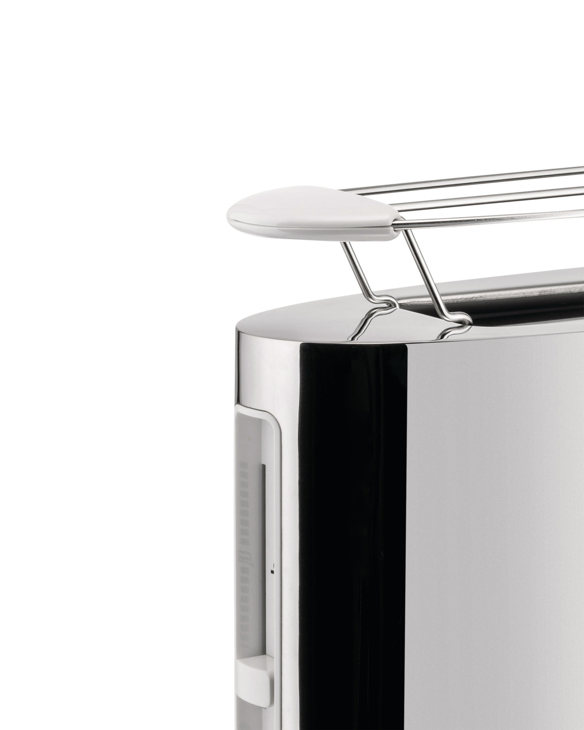 Chrome toaster with a white warming rack by Alessi, cropped close-up revealing a clear panel with measurement markings on the side.