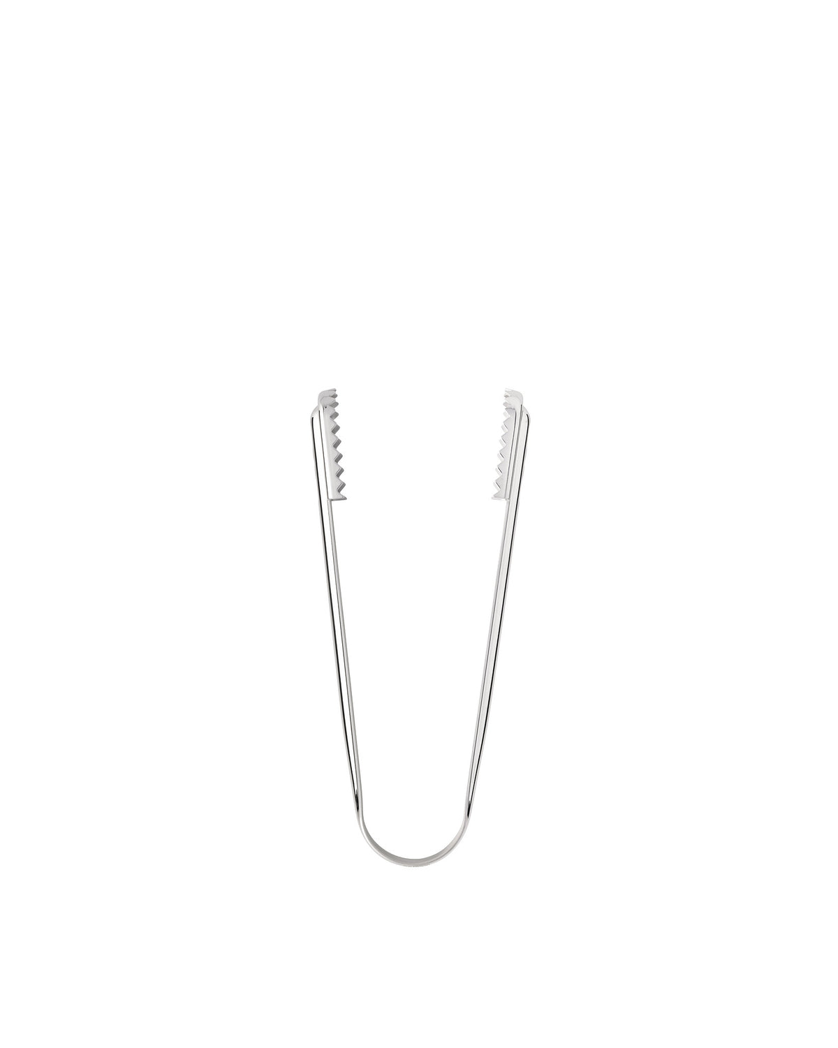 Silver metal tongs by Alessi with serrated gripping ends, standing upright.