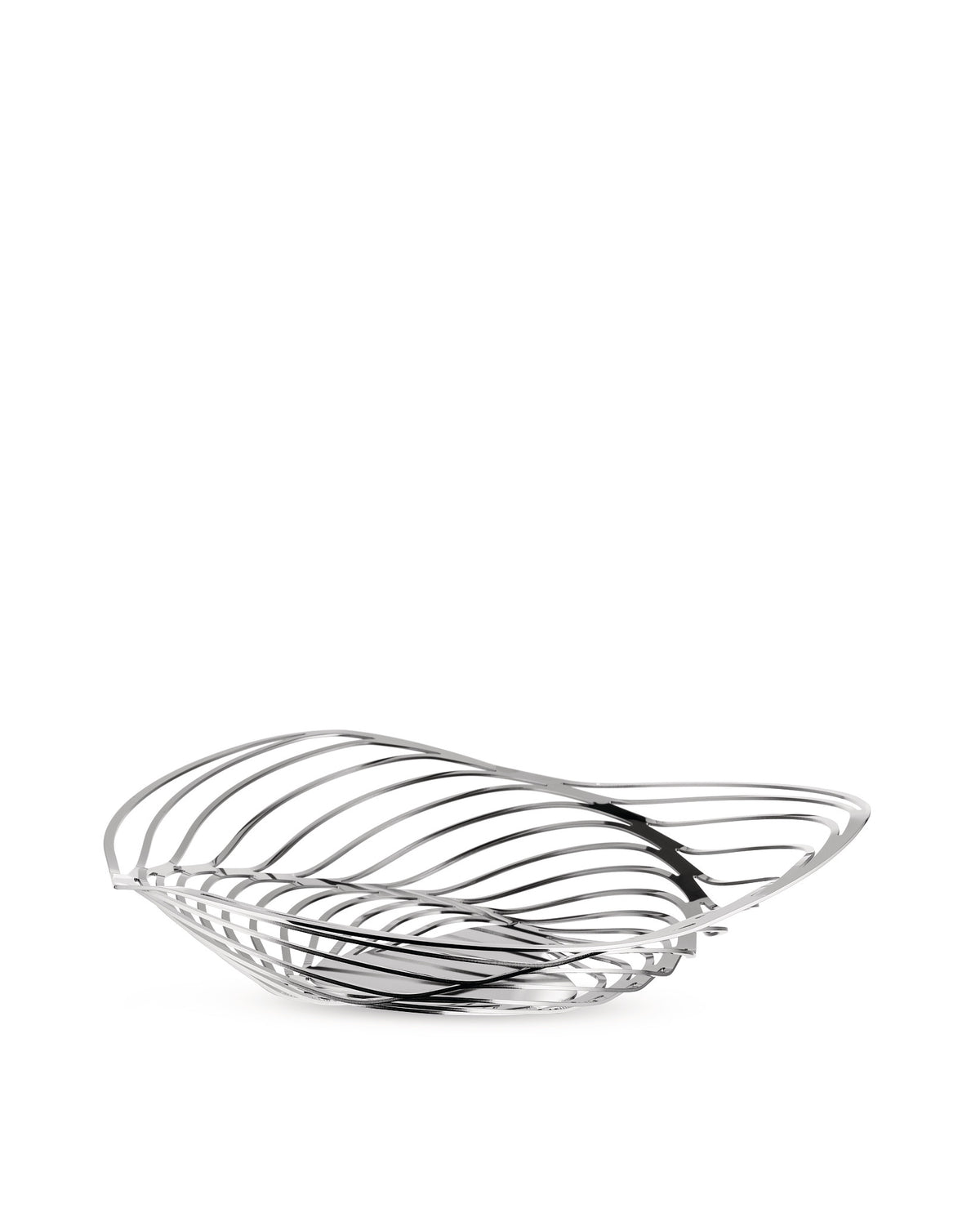 Silver metal fruit bowl by Alessi with a modern, sculptural wavy design, viewed from the side.