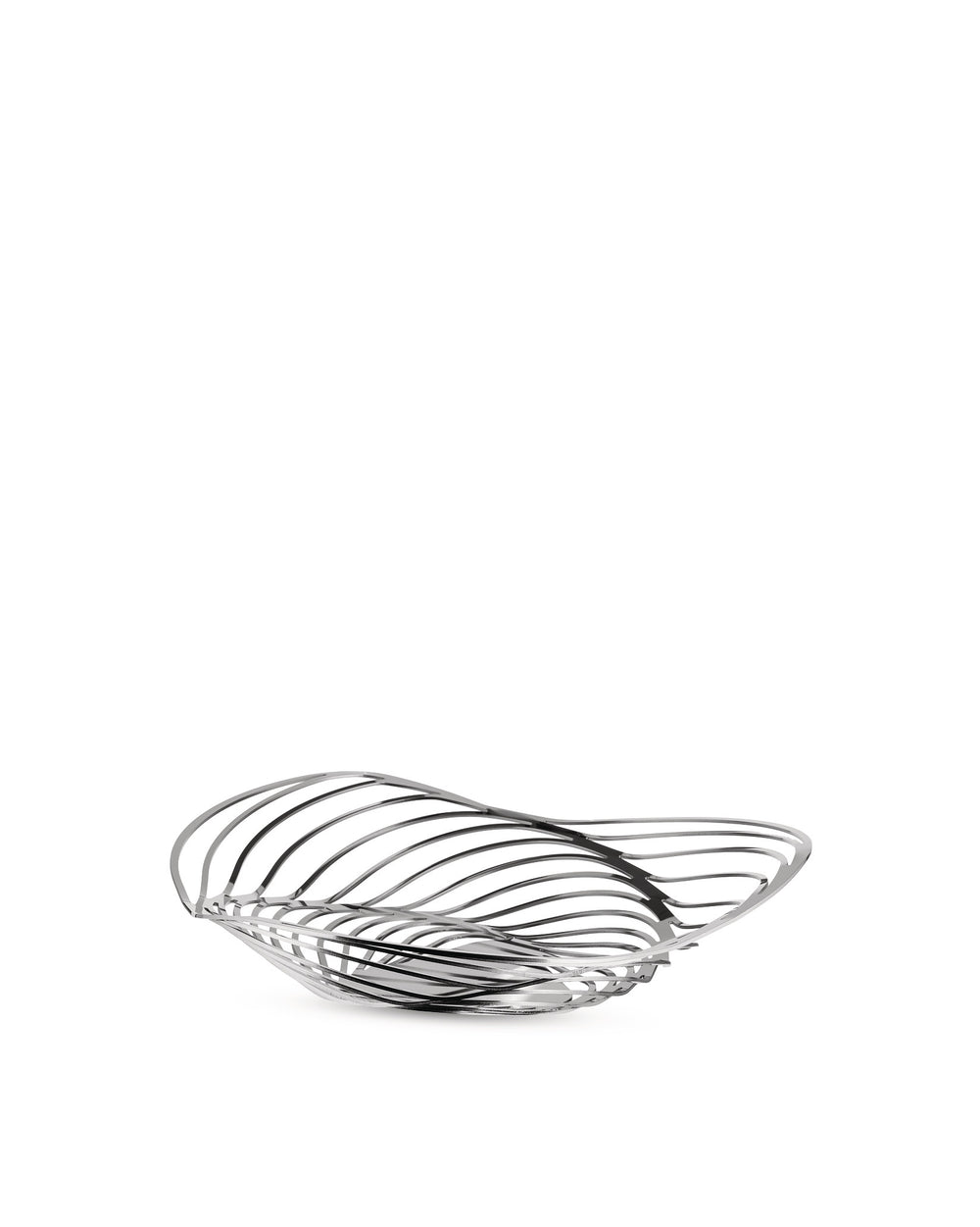 Silver-toned sculptural metal bowl by Alessi with an open, wavy design.