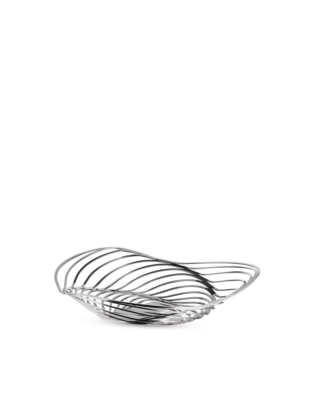 Silver-toned sculptural metal bowl by Alessi with an open, wavy design.