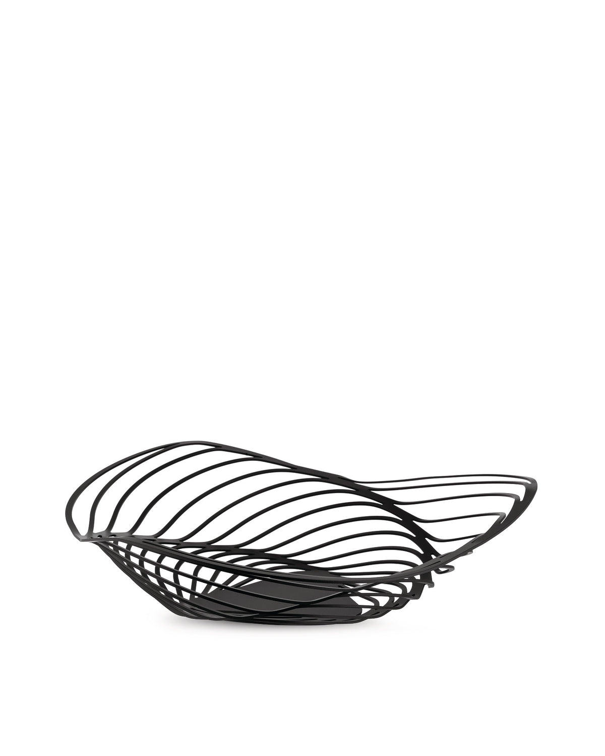 Black metal wire fruit bowl by Alessi with an undulating, sculptural design, presented on a white background.