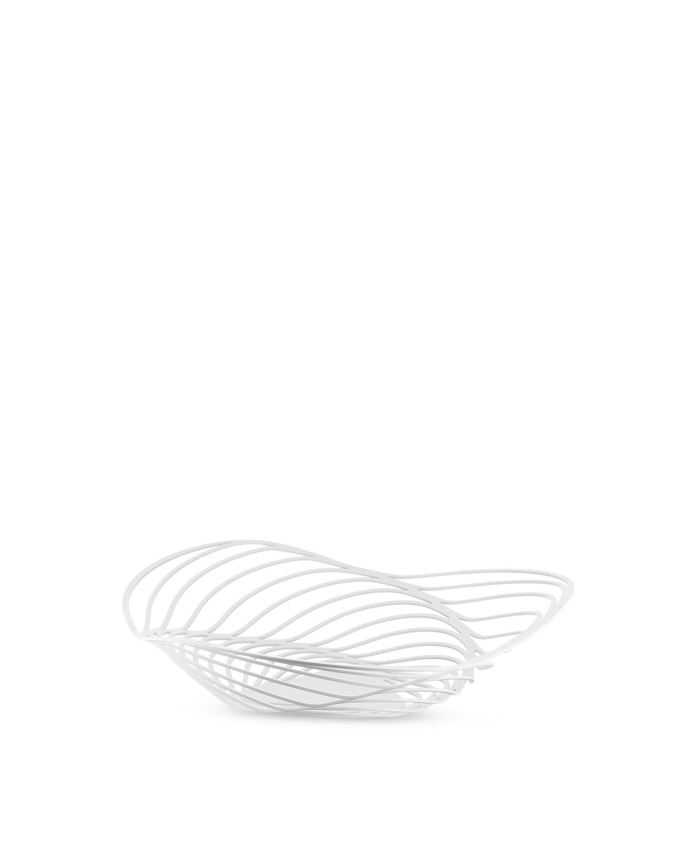 White sculptural fruit bowl by Alessi with an open, wavy linear design, angled on a white background.