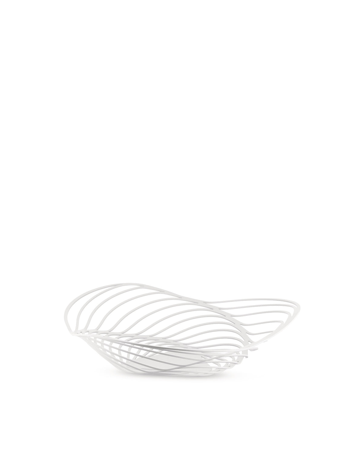 White sculptural fruit bowl by Alessi with an open, wavy linear design, angled on a white background.