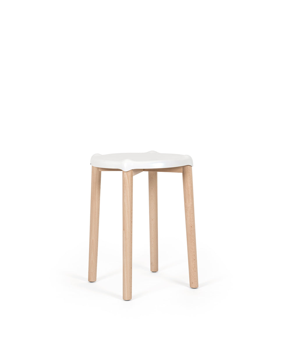 White Poêle Collection stool by Alessi with light wooden legs, featuring a simple, modern design.