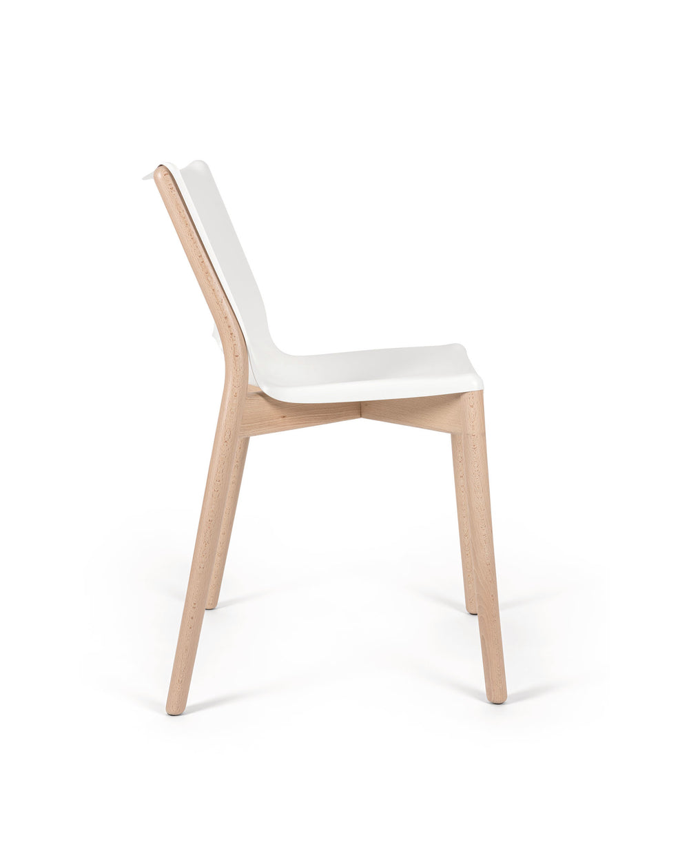 White and natural wood Poêle Collection chair by Alessi, with a sleek, modern design shown from the side.