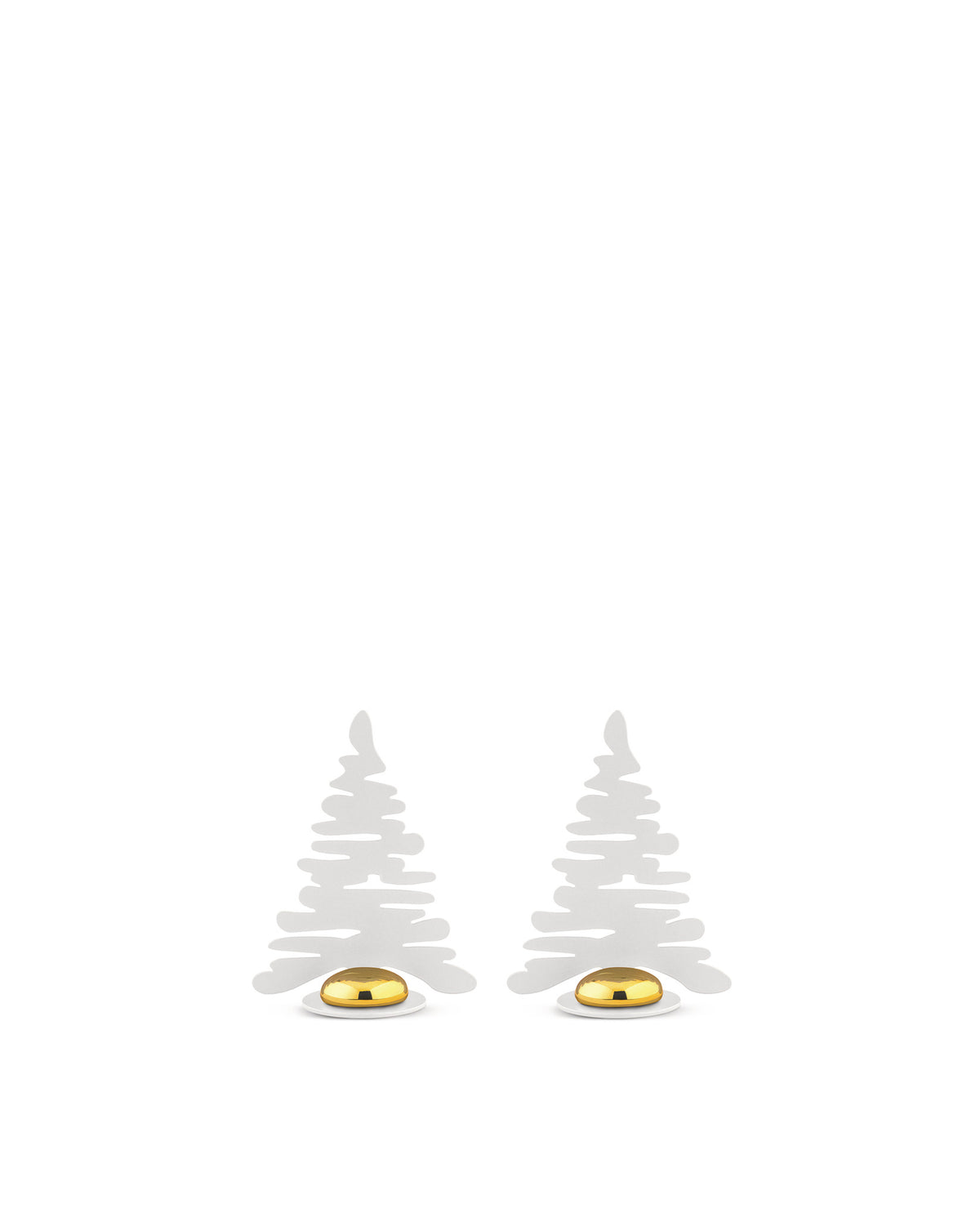 Two stylized white Barkplace Trees by Alessi, with a wavy cutout design, each featuring a shimmering gold dome on a white base.