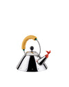 Chrome whistling kettle with a yellow handle by Alessi, featuring a red bird-shaped spout whistle.