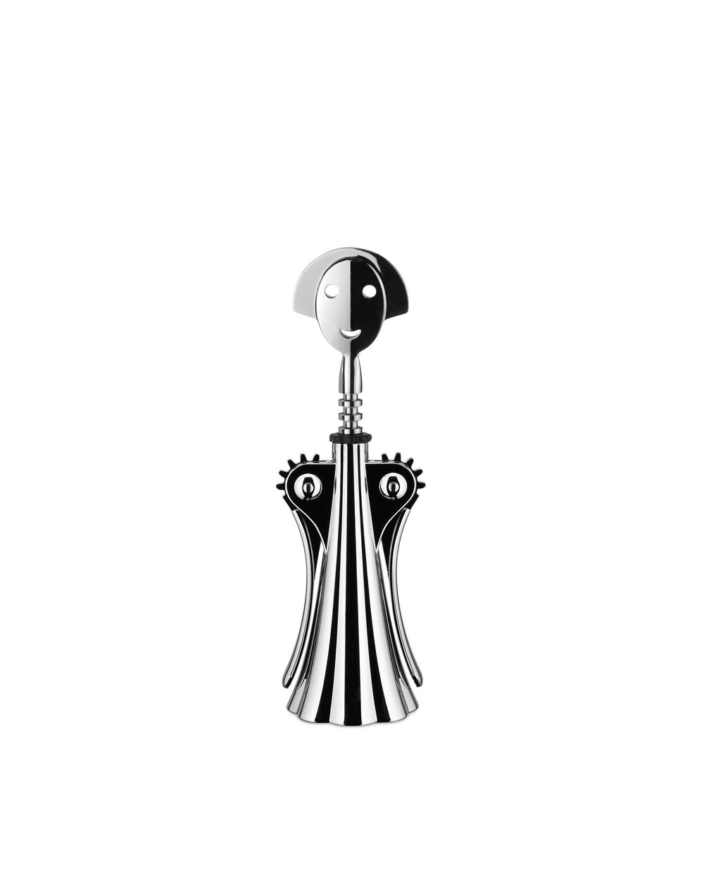 Chrome and black corkscrew by Alessi, with a smiling face handle and striped body.
