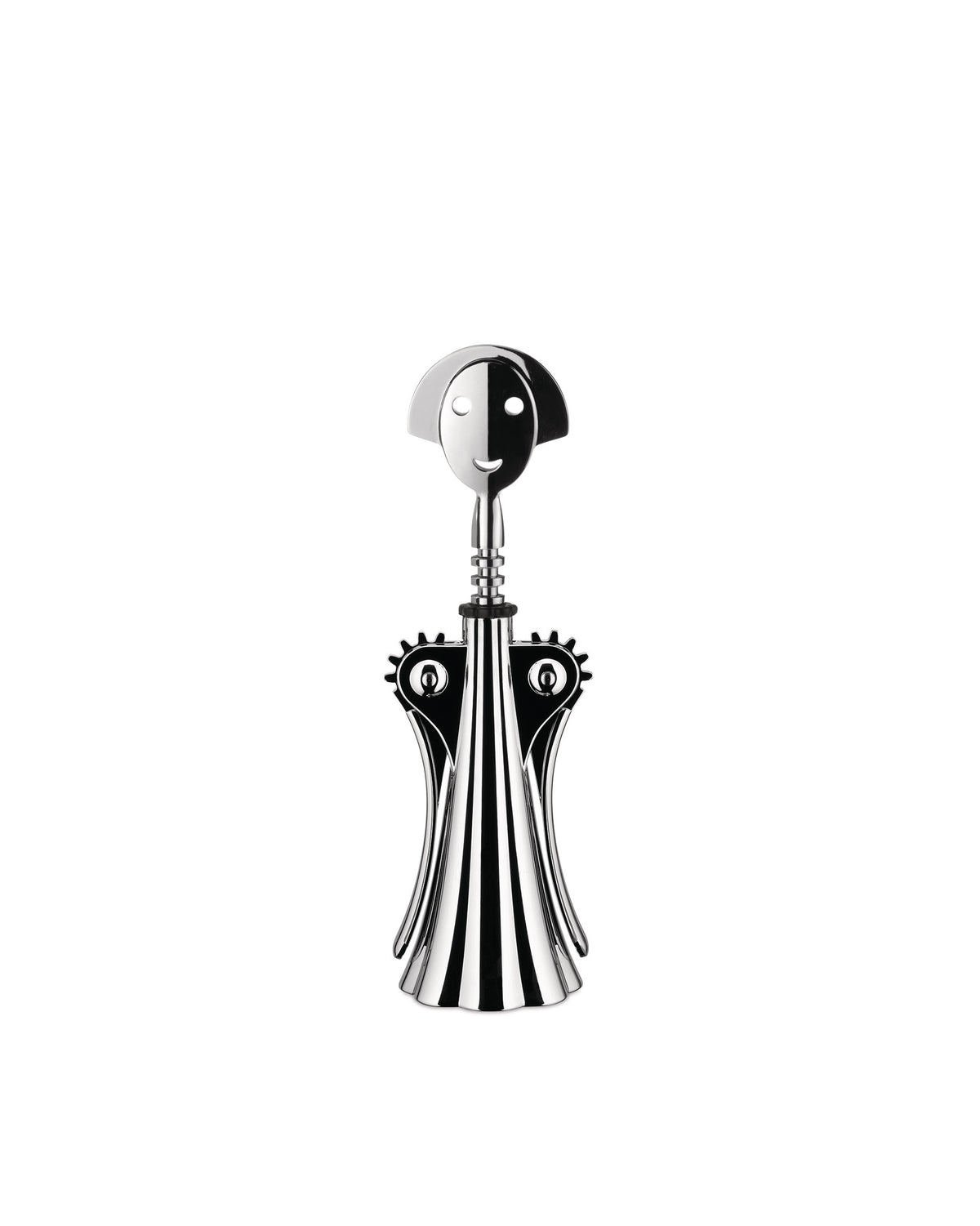 Chrome and black corkscrew by Alessi, with a smiling face handle and striped body.