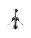 Shiny chrome-plated corkscrew by Alessi, styled as a smiling human figure with a half-black face and ribbed skirt.