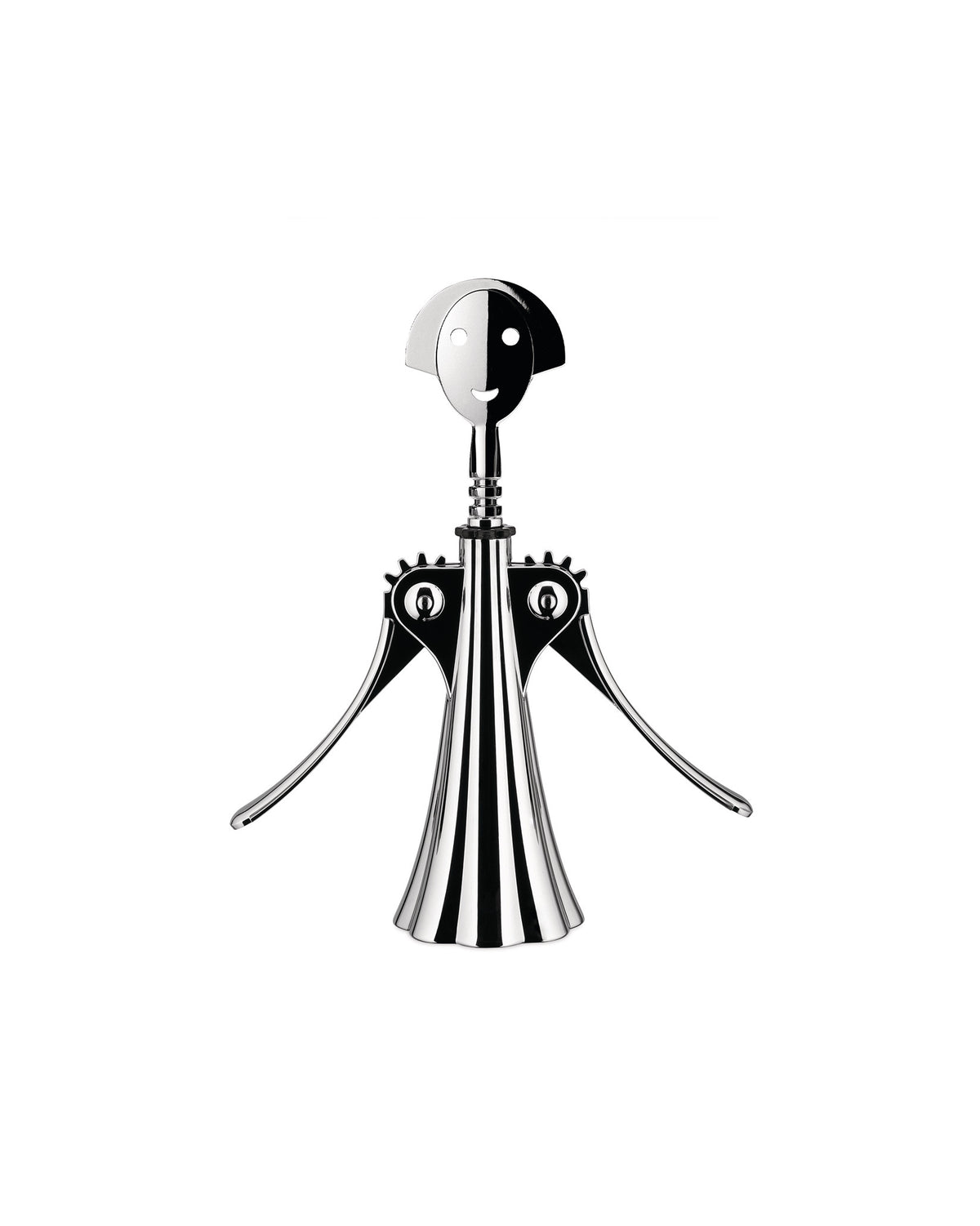 Shiny chrome-plated corkscrew by Alessi, styled as a smiling human figure with a half-black face and ribbed skirt.