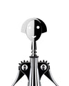 Polished chrome corkscrew by Alessi, featuring a black and white split smiling face and gear-like arms.