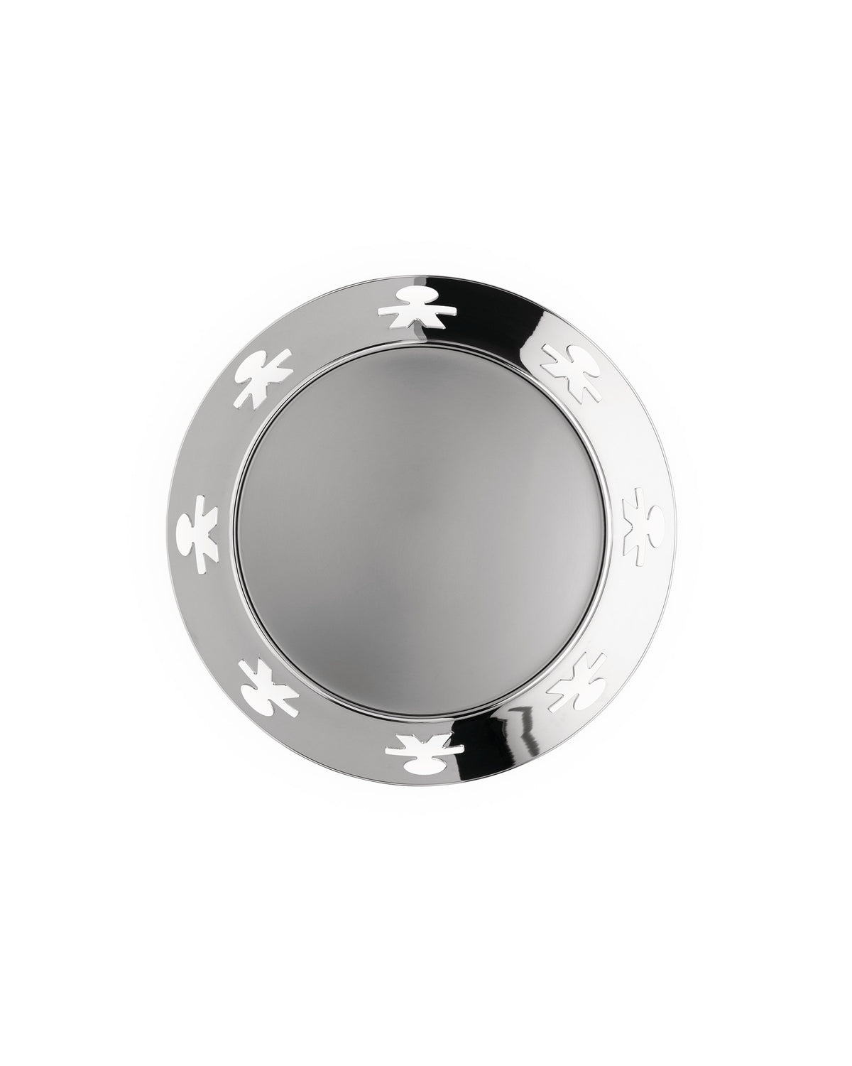 Silver metallic round basket by Alessi with cutout figures of people around the rim.