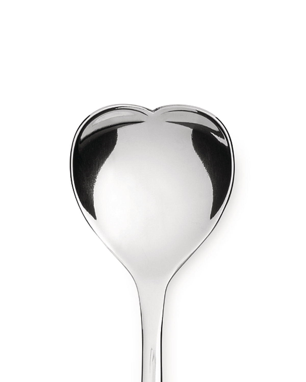 Silver heart-shaped spoon by Alessi with a polished finish, seen from above.