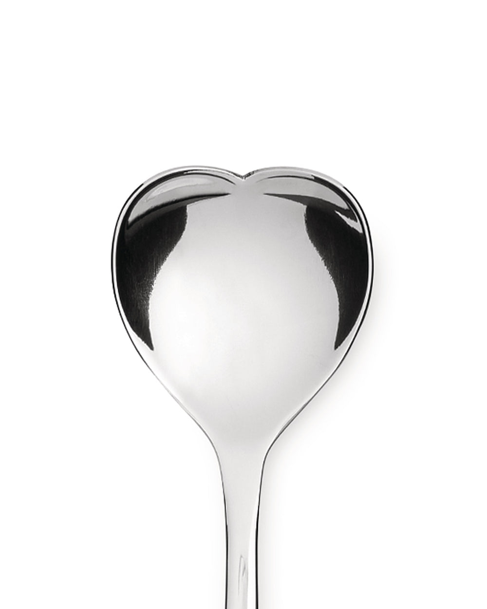 Highly polished silver heart-shaped spoon by Alessi, shown in a close-up.