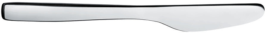 Sleek silver-toned polished metal knife by Alessi with a gently curved handle and blade.